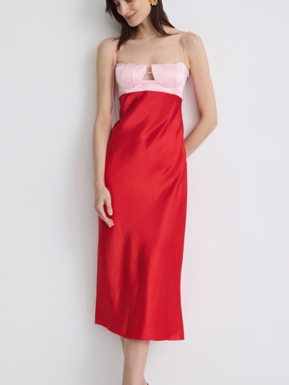 Anna October Atena Tulip Red Pink Slip Midi Dress - MEDIUM